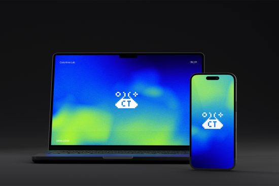 Laptop and smartphone mockup on dark background, showcasing vibrant abstract screen design, ideal for presentations and app design.